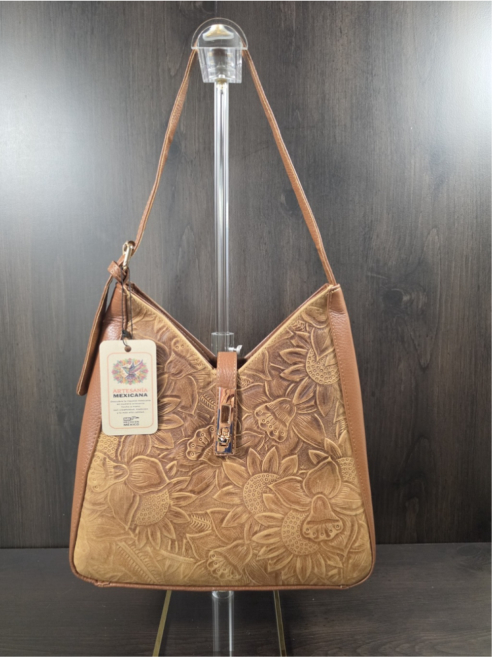Honey Brown Sunflower Embossed Tooled Artisan LEATHER Shoulder Bag Purse - Picture 4 of 16